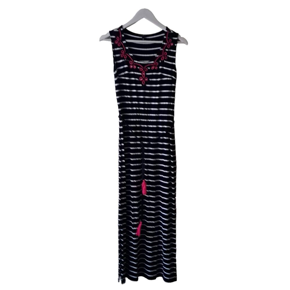 Talbots Navy & White Stripe Sleeveless Maxi Dress w Pink Embroidery Belt -Size P